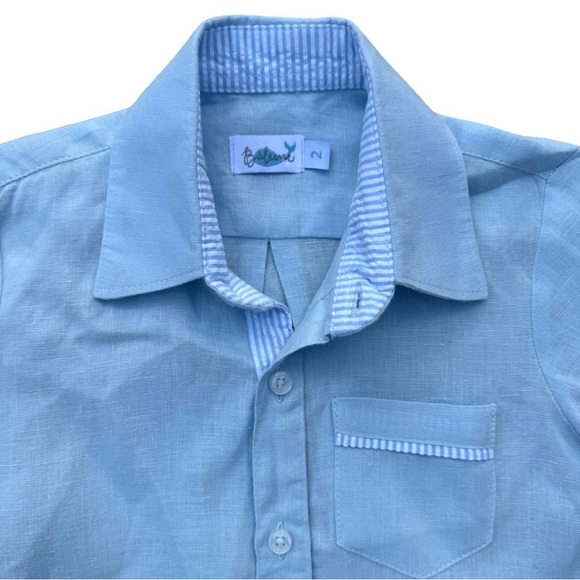 Baliene Boys 2T Linen Short Sleeve André Shirt Baby Blue Stripe Luxury - Picture 4 of 6